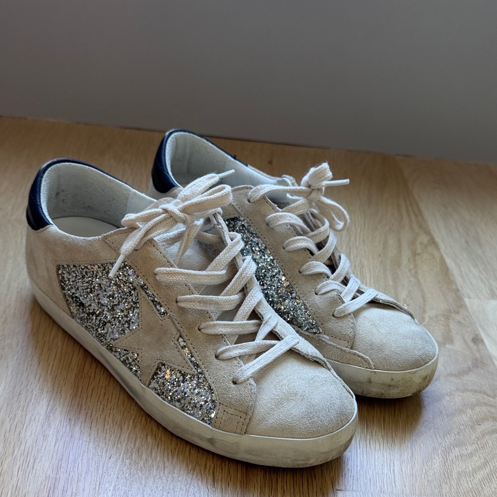 Golden Goose Women’s Cream Suede Sneakers with Silver Glitter Star